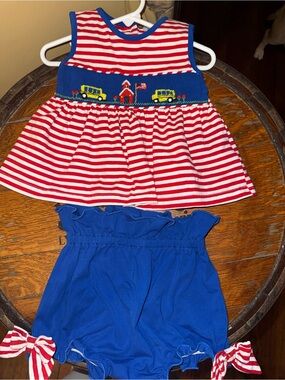 Kids Red & Blue Striped Smocked Top with Blue Bloomers